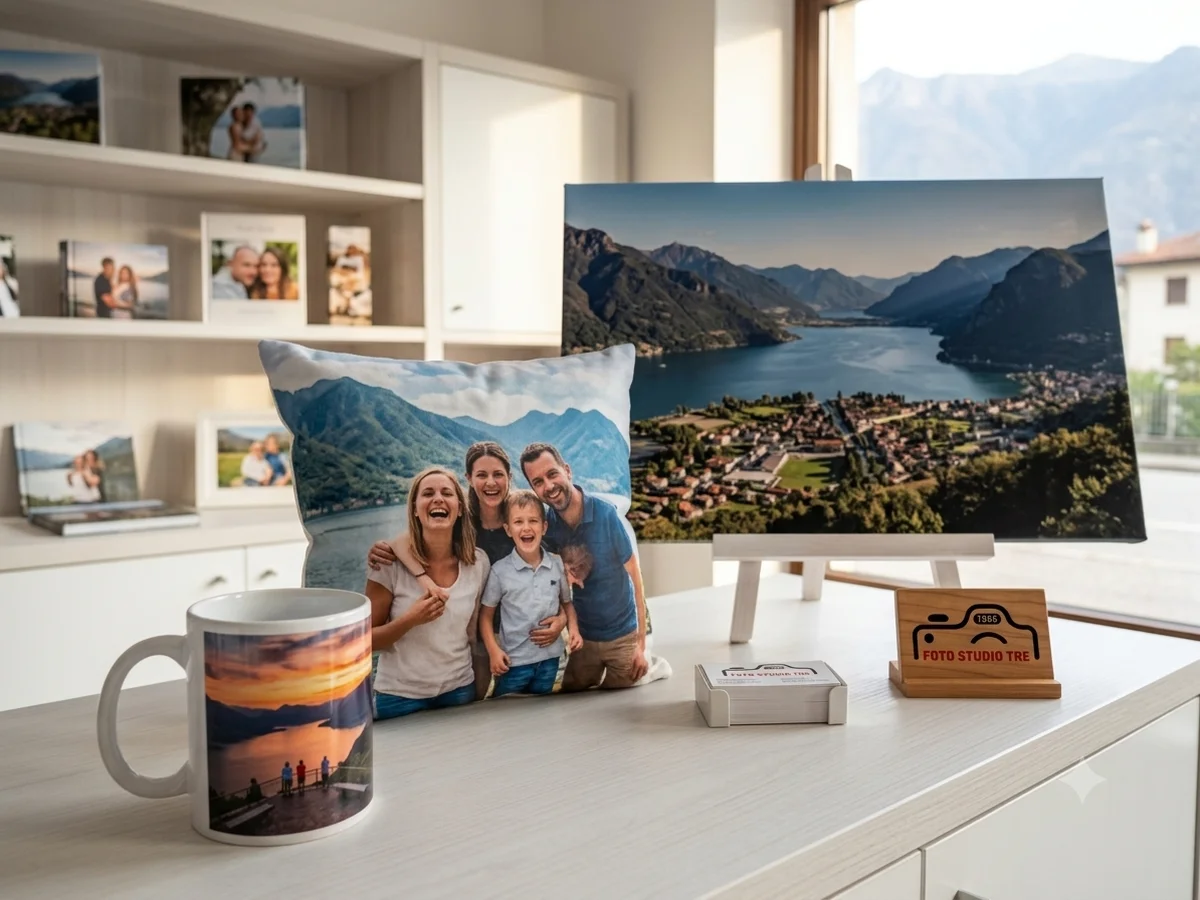 Tazza, cuscino e tela personalizzati con foto, in mostra su una mensola del negozio