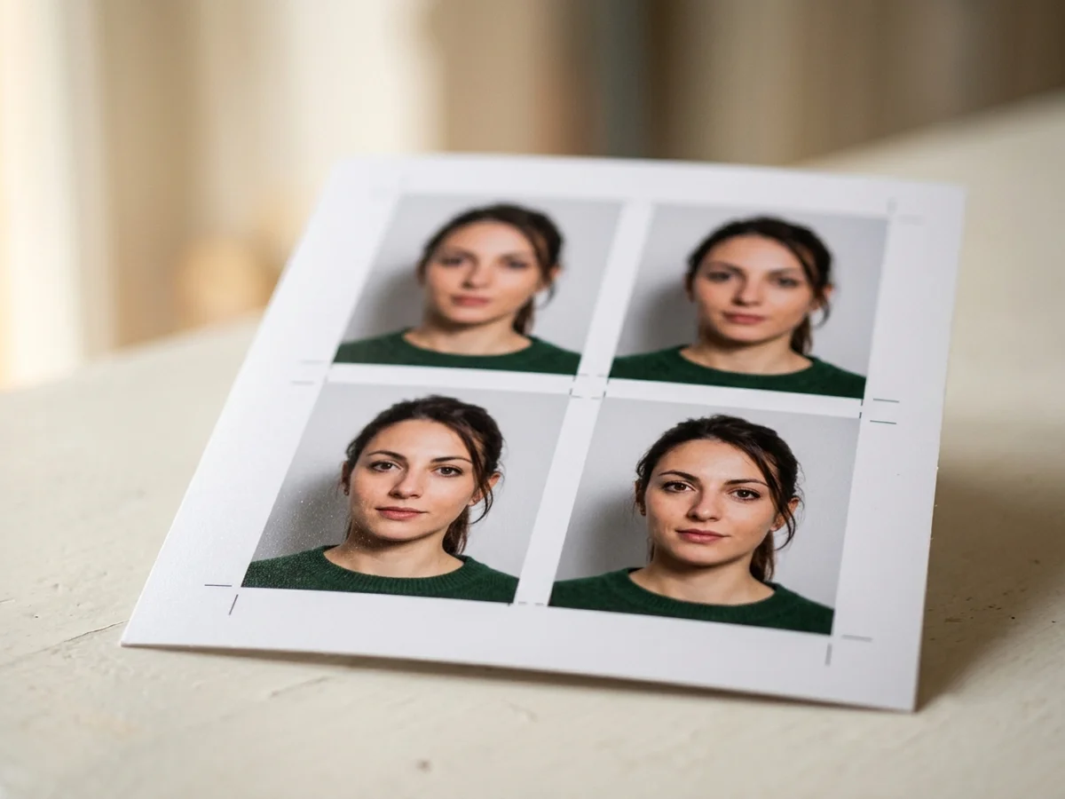 Foglio di fototessere appena stampato, quattro scatti identici pronti da tagliare