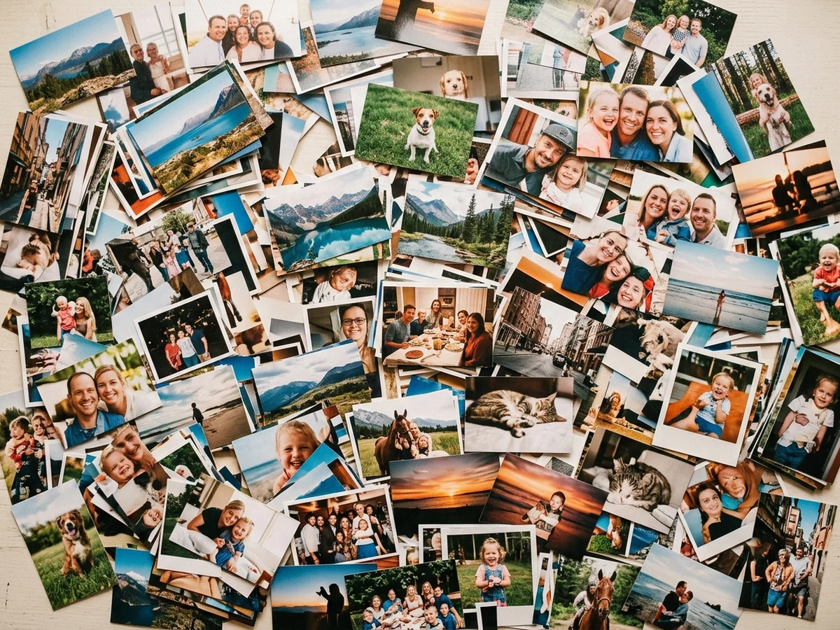 Decine di foto stampate sparse, ricordi di famiglia, viaggi e momenti quotidiani